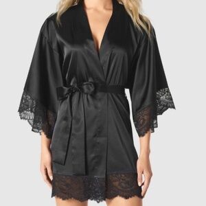NEW LA SENZA BLACK SATIN KIMONO ROBE-LACE TRIM LINGERIE - Size